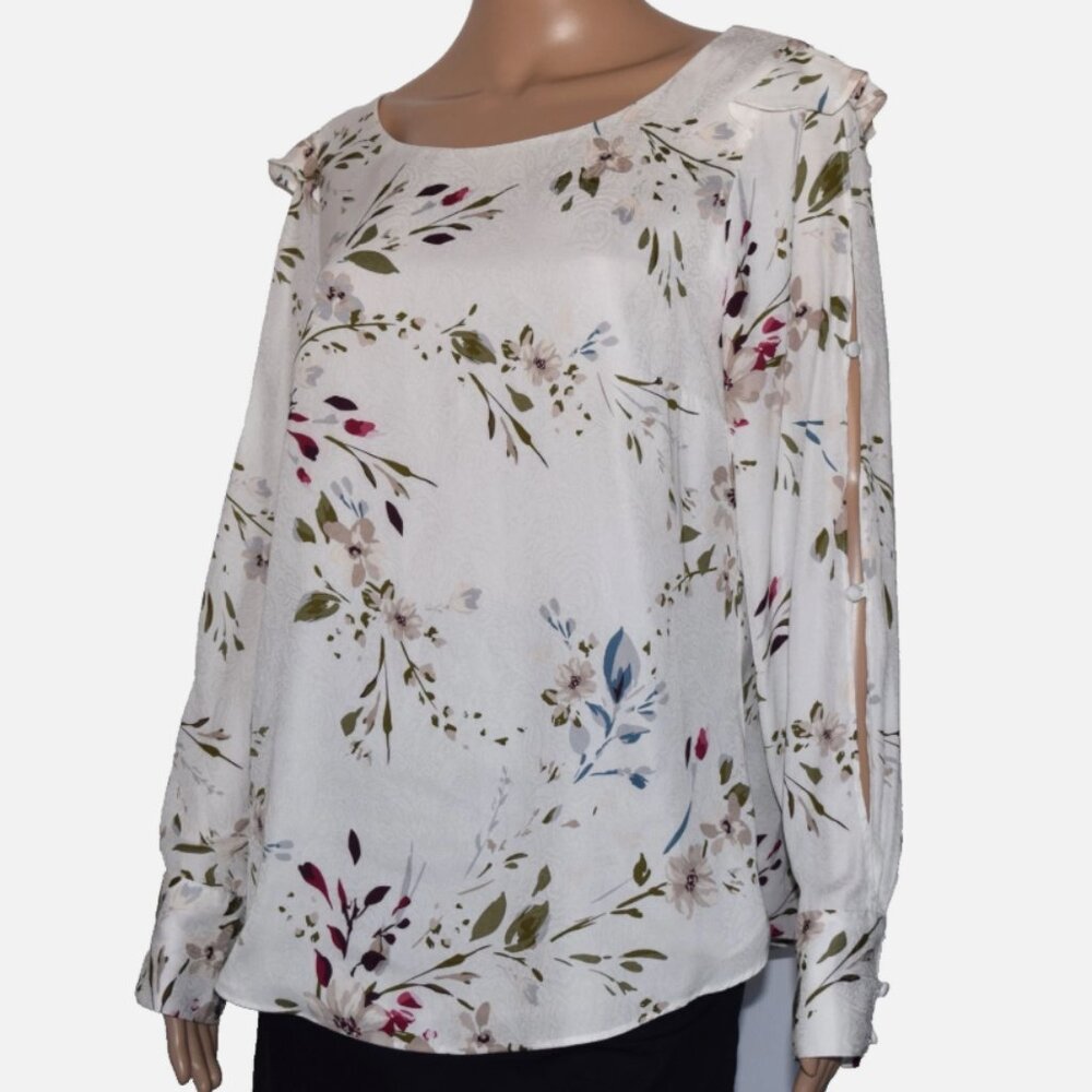 WHITE HOUSE BLACK MARKET Cream Multicolor Floral Long Slit Sleeve Ruffle Top 8
